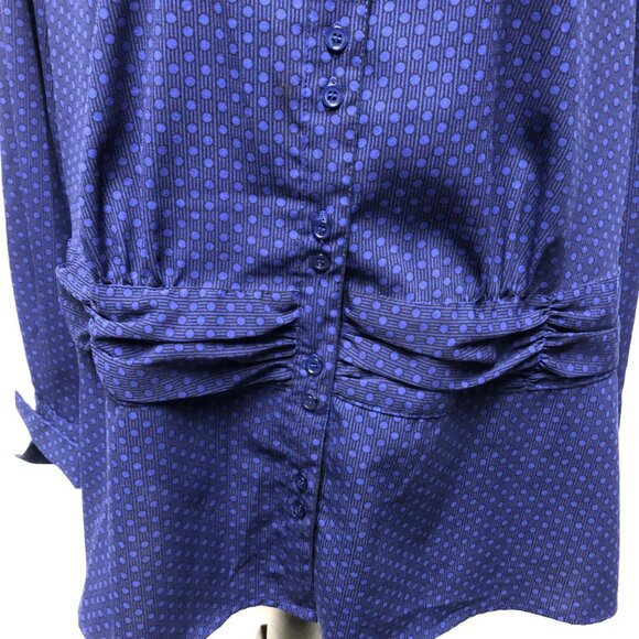 East 5th Blouse Womens Size 2X Blue Polka Dots Strips Buttons Gathered Shirt - Picture 3 of 7